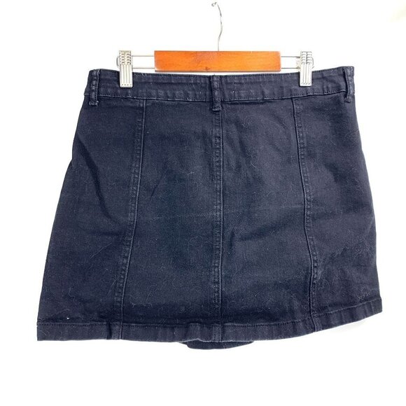 Forever 21 Denim Button Front Mini Skirt Black Cotton Spandex Size 31 Large - Picture 2 of 4